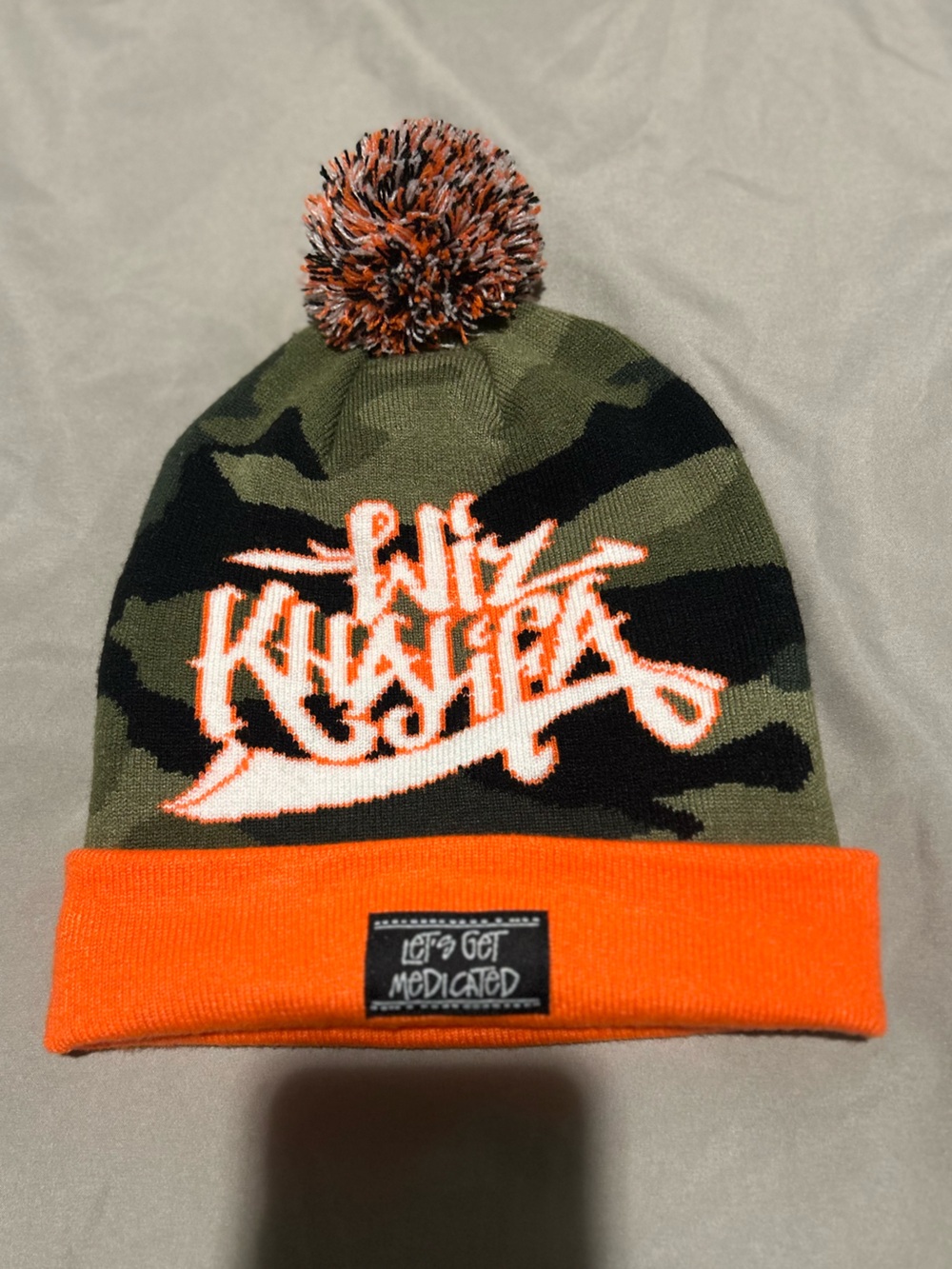 Camo Knit Pom Beanie with Orange Cuff and Pom